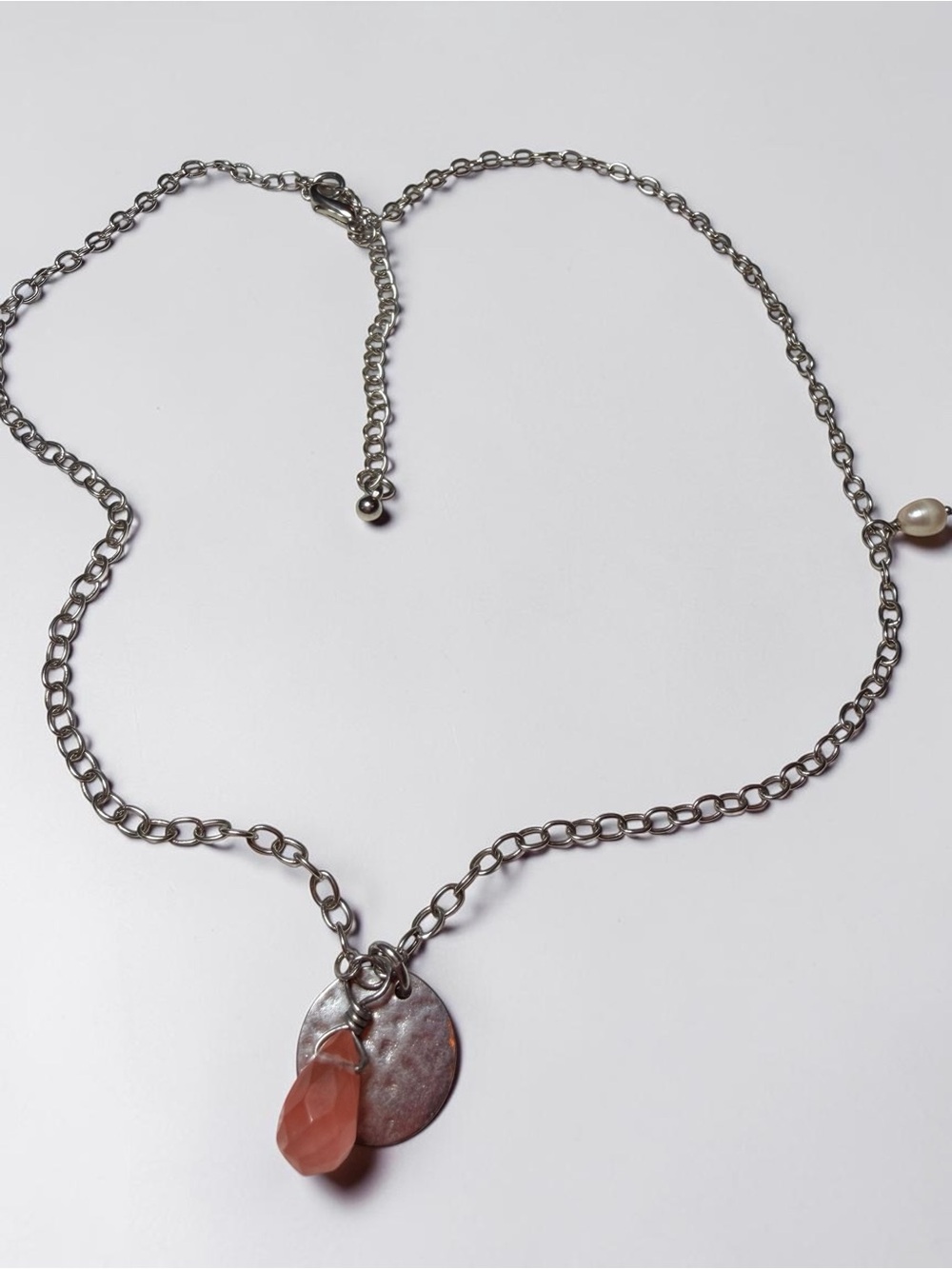 Silver Chain Necklace with Peach Pendant and Disc